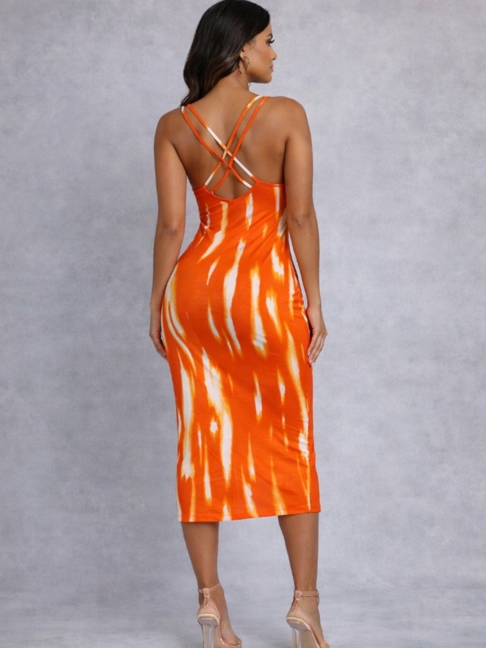 Women’s Orange Tie Dye Midi Dress – Fitted Bodycon Style with Spaghetti Straps - Picture 2 of 3